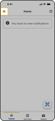 App home screen with the menu icon in the top left corner highlighted