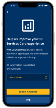 BC Services Card app screen asking to help improve your experience with options to enable analytics or skip