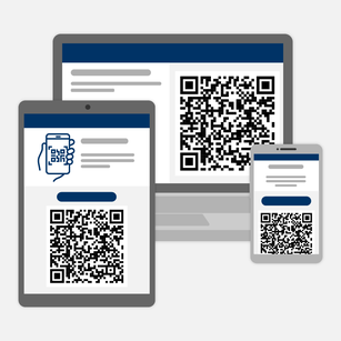 Laptop, tablet and smartphone each showing a service QR code