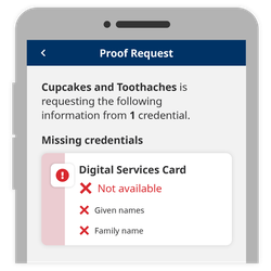 Proof Request screen showing Missing credentials for Digital Services Card